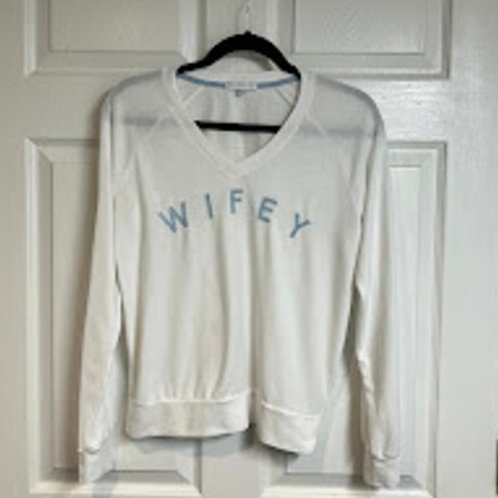 PJ Salvage Wifey Lounge Top Embroidered Long Sleeve White Blue Bridal Top Size S